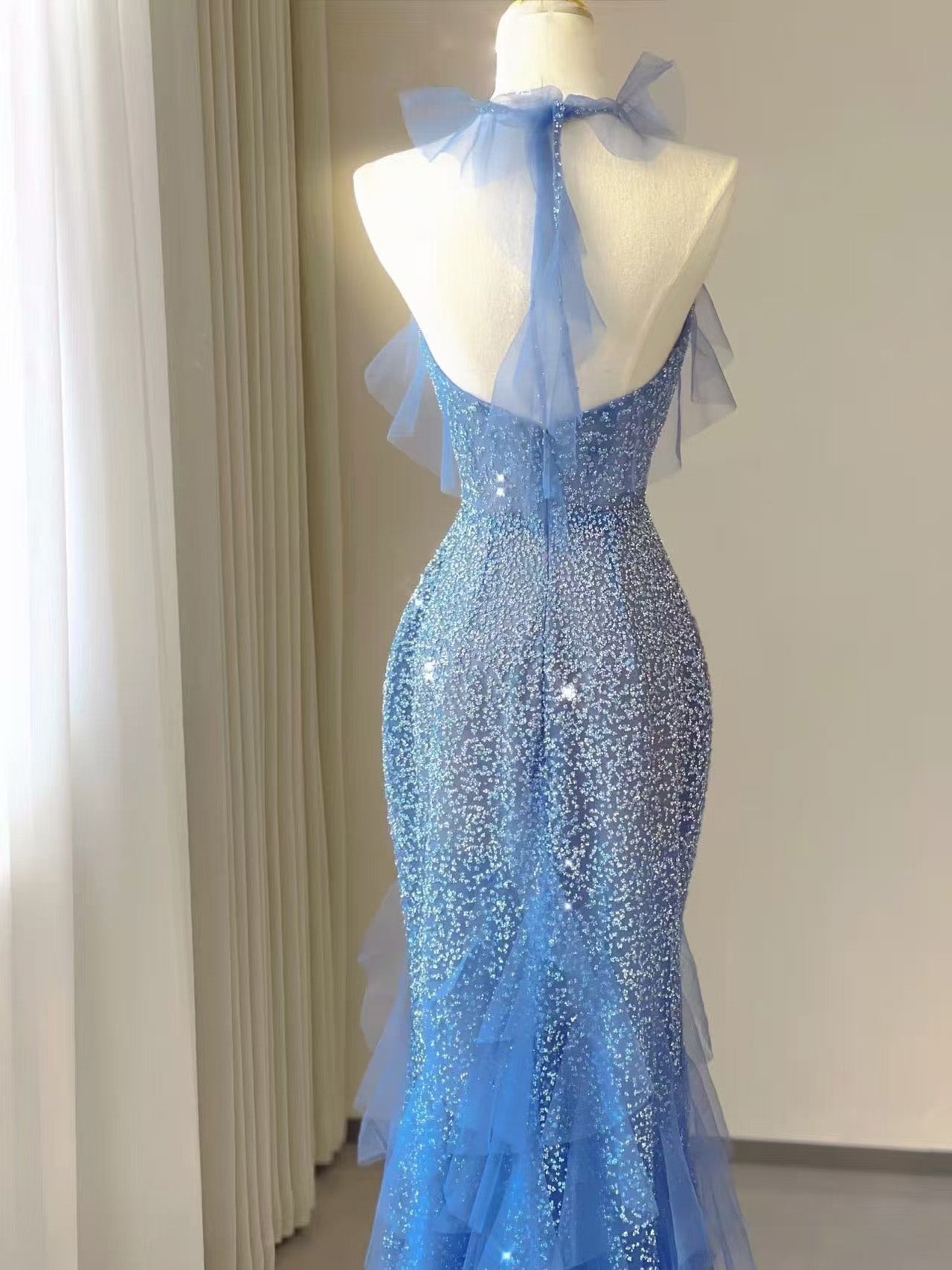 Mermaid Tulle Sequin Floor Length Blue Prom Dress, Blue Evening Dress