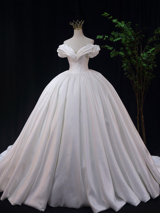 White Off Shoulder Satin Long Prom Dress, White Satin Formal Dress