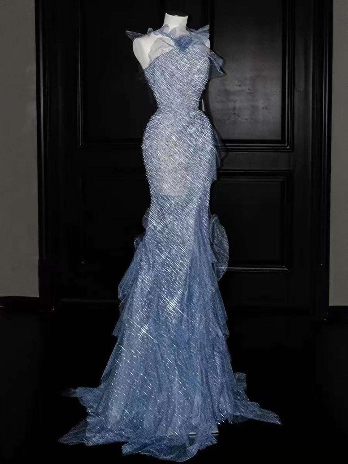 Mermaid Tulle Sequin Floor Length Blue Prom Dress, Blue Evening Dress