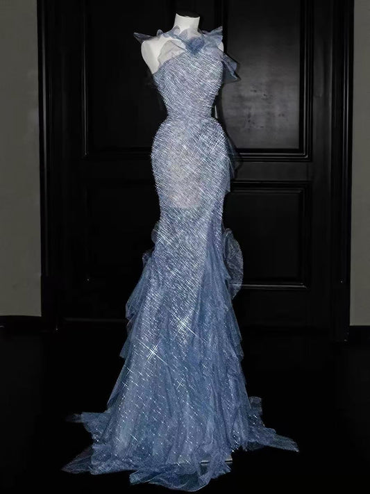 Mermaid Tulle Sequin Floor Length Blue Prom Dress, Blue Evening Dress