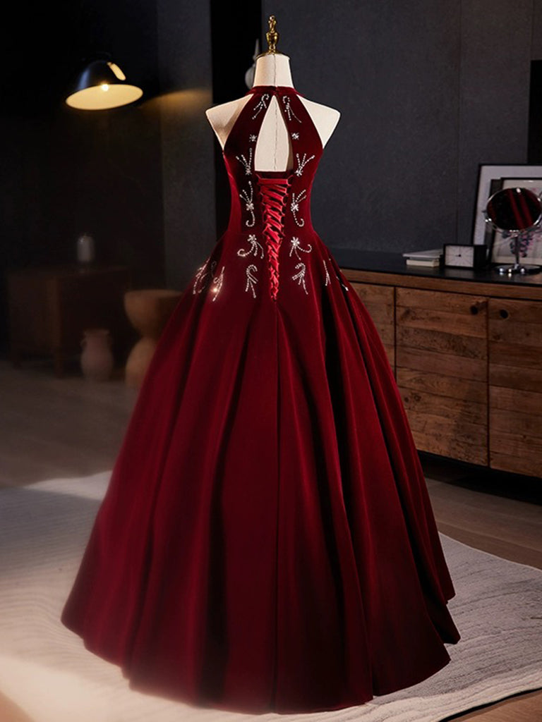 A-Line Velvet Sequin Burgundy Long Prom Dress, Burgundy Long Formal Dress