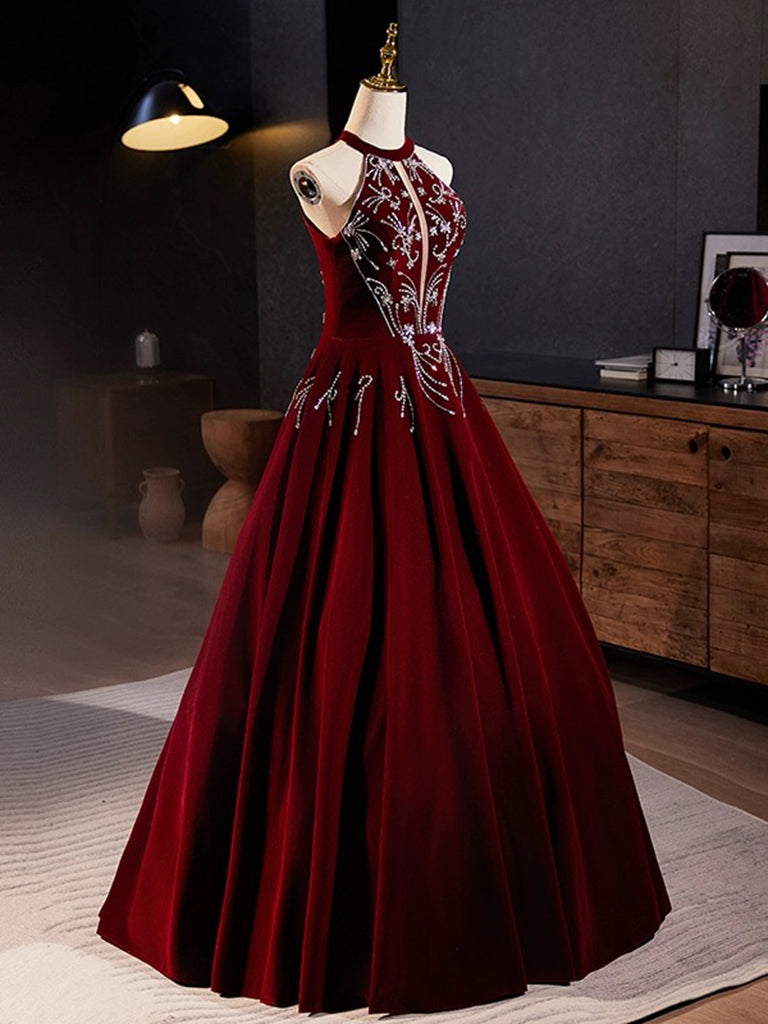 A-Line Velvet Sequin Burgundy Long Prom Dress, Burgundy Long Formal Dr dresstby A-Line Velvet Sequin Burgundy Long Prom Dress, Burgundy Long Formal Dr dresstby