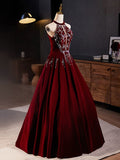 A-Line Velvet Sequin Burgundy Long Prom Dress, Burgundy Long Formal Dress
