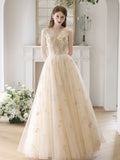 Champagne Tulle Lace Long Prom Dress, A-Line Lace Formal Dress