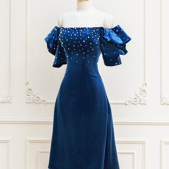 Blue Velvet Beads Short Prom Dress, Blue Cocktail Dress dresstby Blue Velvet Beads Short Prom Dress, Blue Cocktail Dress dresstby