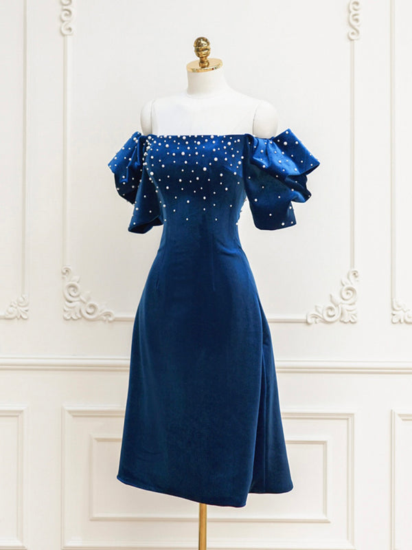 Blue Velvet Beads Short Prom Dress, Blue Cocktail Dress