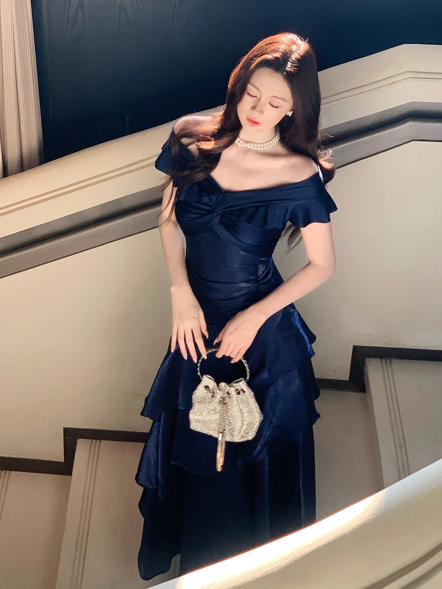 A-line Off Shoulder Off Shoulder Floor Length Dark Blue Prom Dress