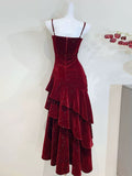 A-Line Floor Length Velvet Ruffles Burgundy Prom Dress