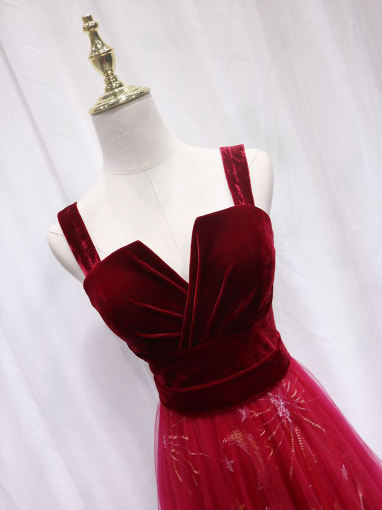 A-Line Burgundy Tulle Lace Long Prom Dress, Burgundy Long Evening Dress