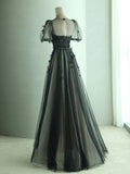 Black A-Line Tulle Butterfly Long Prom Dress, Black Long Evening Dress
