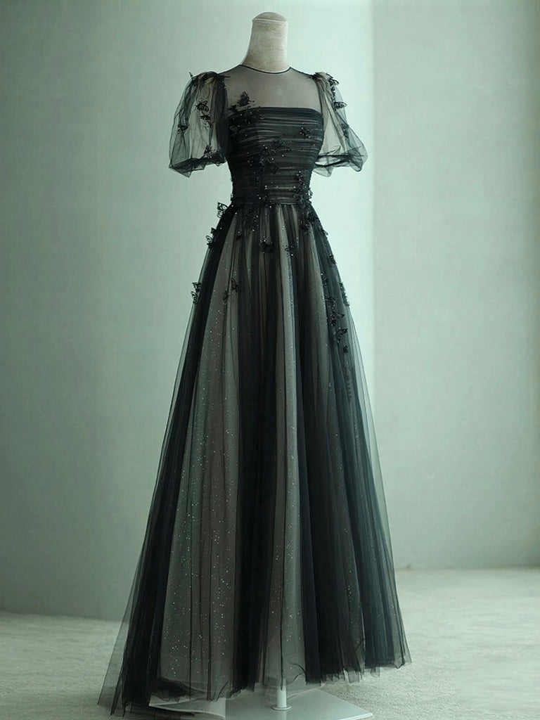 Black A-Line Tulle Butterfly Long Prom Dress, Black Long Evening Dress