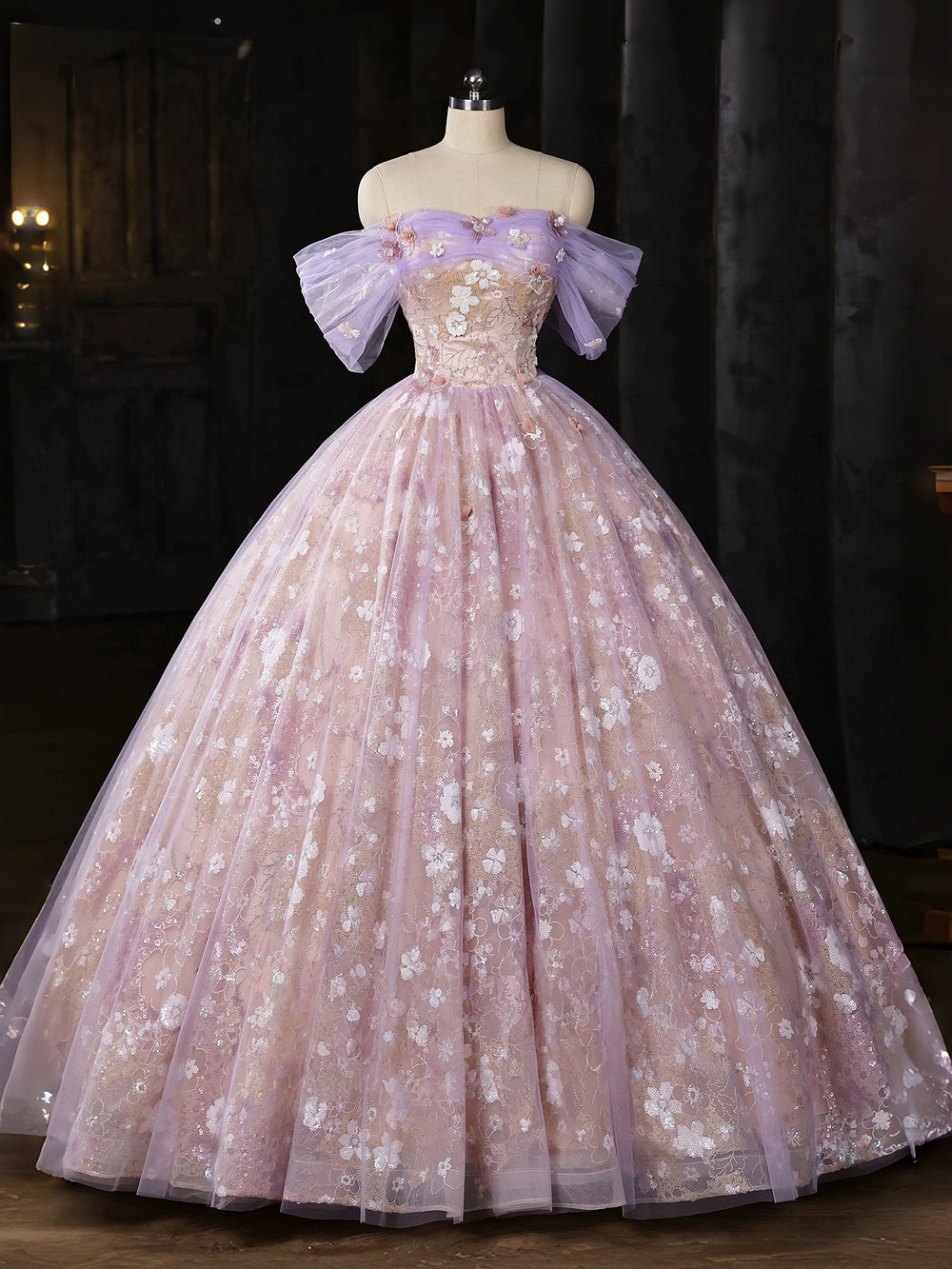 A-Line Sweetheart Off Shoulder Tulle Lace Purple Long Prom Dress