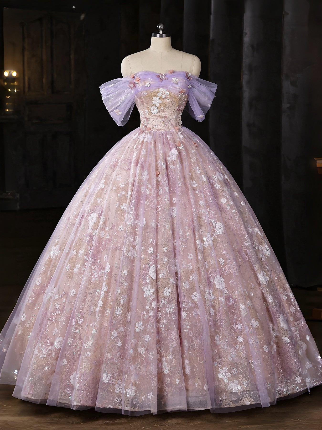 A-Line Sweetheart Off Shoulder Tulle Lace Purple Long Prom Dress