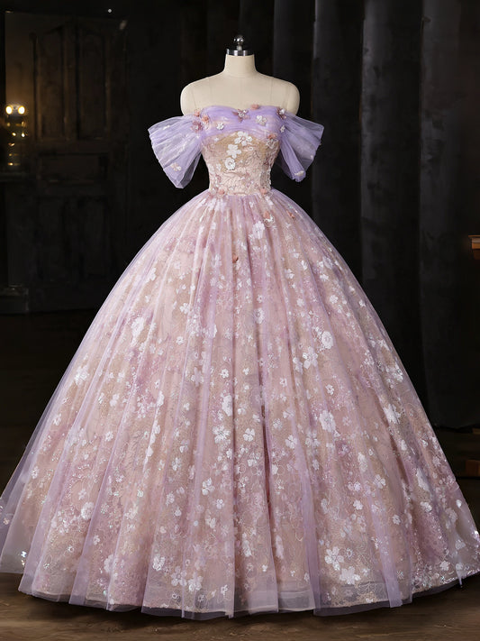 A-Line Sweetheart Off Shoulder Tulle Lace Purple Long Prom Dress