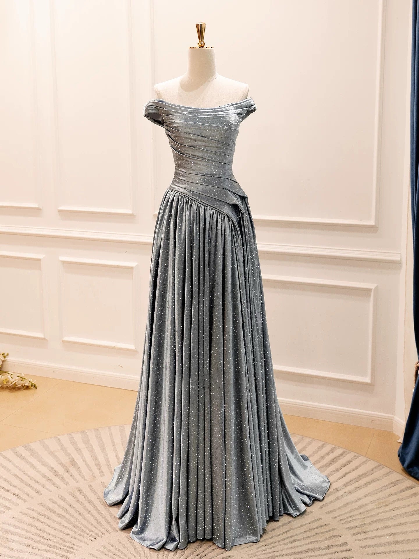 A-Line Off Shoulder Satin Beads Gray Long Prom Dress