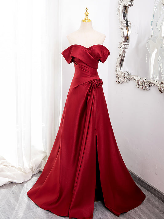 A-Line Off Shoulder Satin Burgundy Long Prom Dress