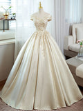 A-Line Satin Lace Off Shoulder Champagne Long Prom Dress