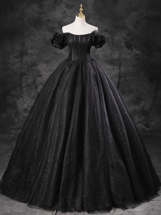 A-line Off Shoulder Tulle Black Long Prom Dress, Black Long Evening Gown