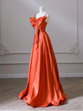 A-Line Orange Satin Long Prom Dress, Orange Long Evening Dress