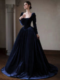 A-Line Long Sleeves Velvet Dark Blue Long Prom Dress, Dark Blue Long Evening Dress