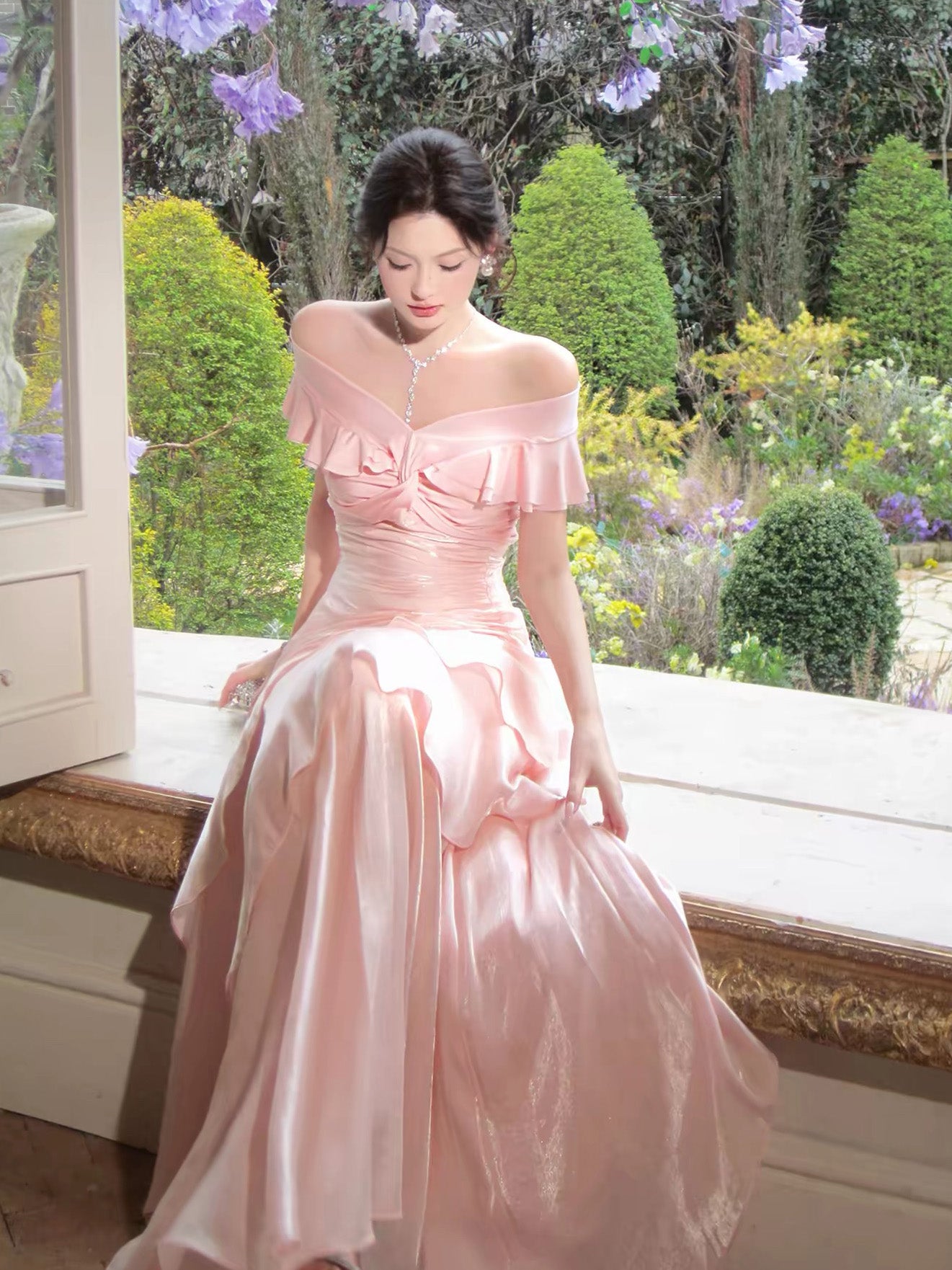 Mermaid Sweetheart Ruffles Silk Pink Long Prom Dress, Pink Party Dress