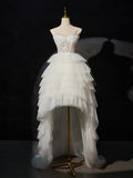 White Sweetheart Neck High Low Prom Dress, Lace Tulle White Graduation Dress