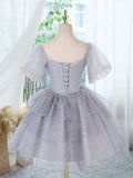 Cute A-line Tulle Lace Short Prom Dress, Gray Homecoming Dress