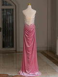 Pink Mermaid Velvet Beads Long Prom Dress, Pink Long Formal Dress