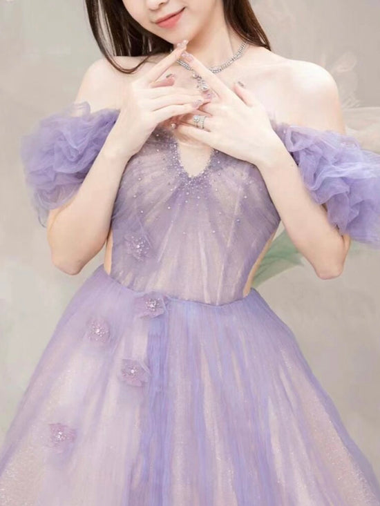 Light Purple Tulle Long Formal Dress, A-line Tulle Short Sleeves Prom Dress