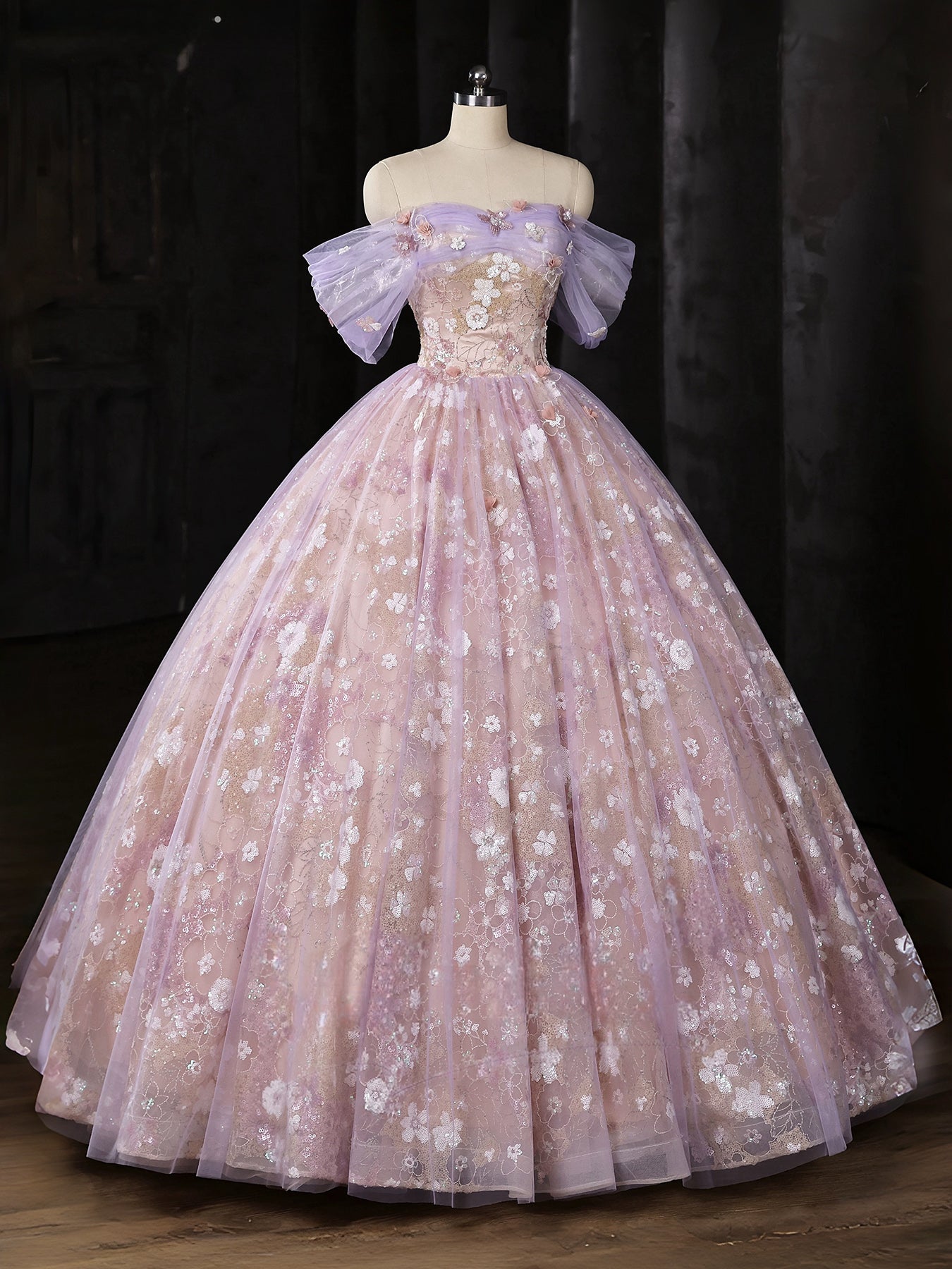 A-Line Sweetheart Off Shoulder Tulle Lace Purple Long Prom Dress