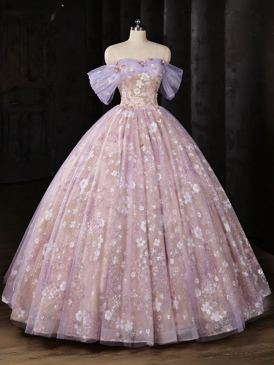 A-Line Sweetheart Off Shoulder Tulle Lace Purple Long Prom Dress