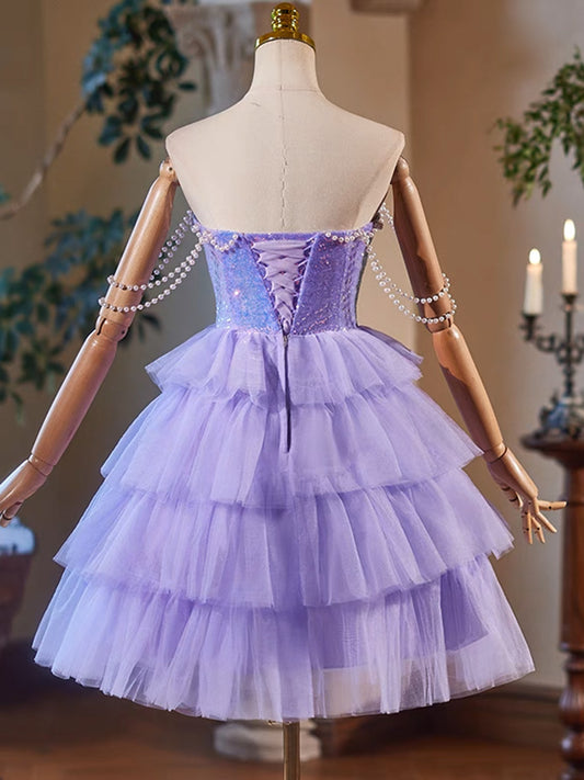 A-Line Sweetheart Neck Purple Short Prom Dress, Purple Homecoming Dress