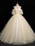 A-Line Puff sleeves Tulle Lace Champagne Long Prom Dress, Champagne Evening Dress