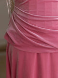 Pink Mermaid Velvet Beads Long Prom Dress, Pink Long Formal Dress