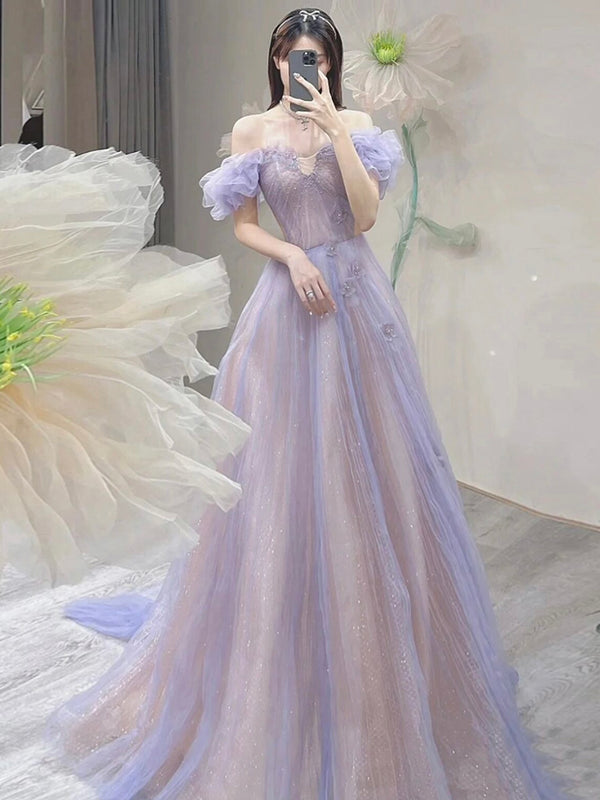 A-Line Off Shoulder Purple Tulle Long Prom Dress, Purple Formal Dress