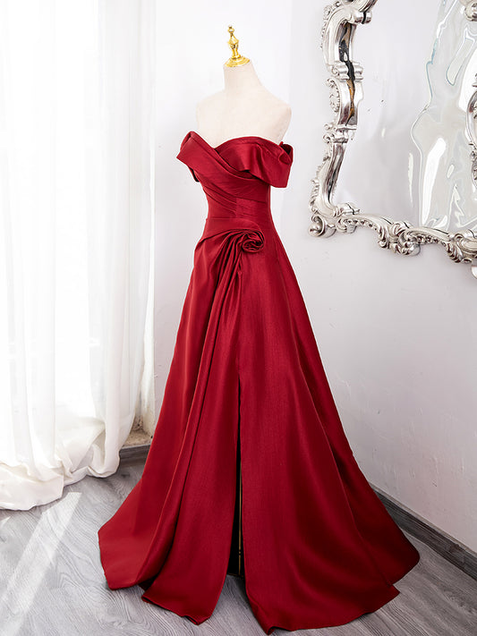 A-Line Off Shoulder Satin Burgundy Long Prom Dress