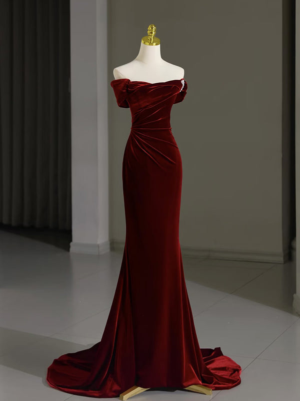 Simple Off Shoulder Velvet Burgundy Long Prom Dress, Mermaid Long Formal Dress