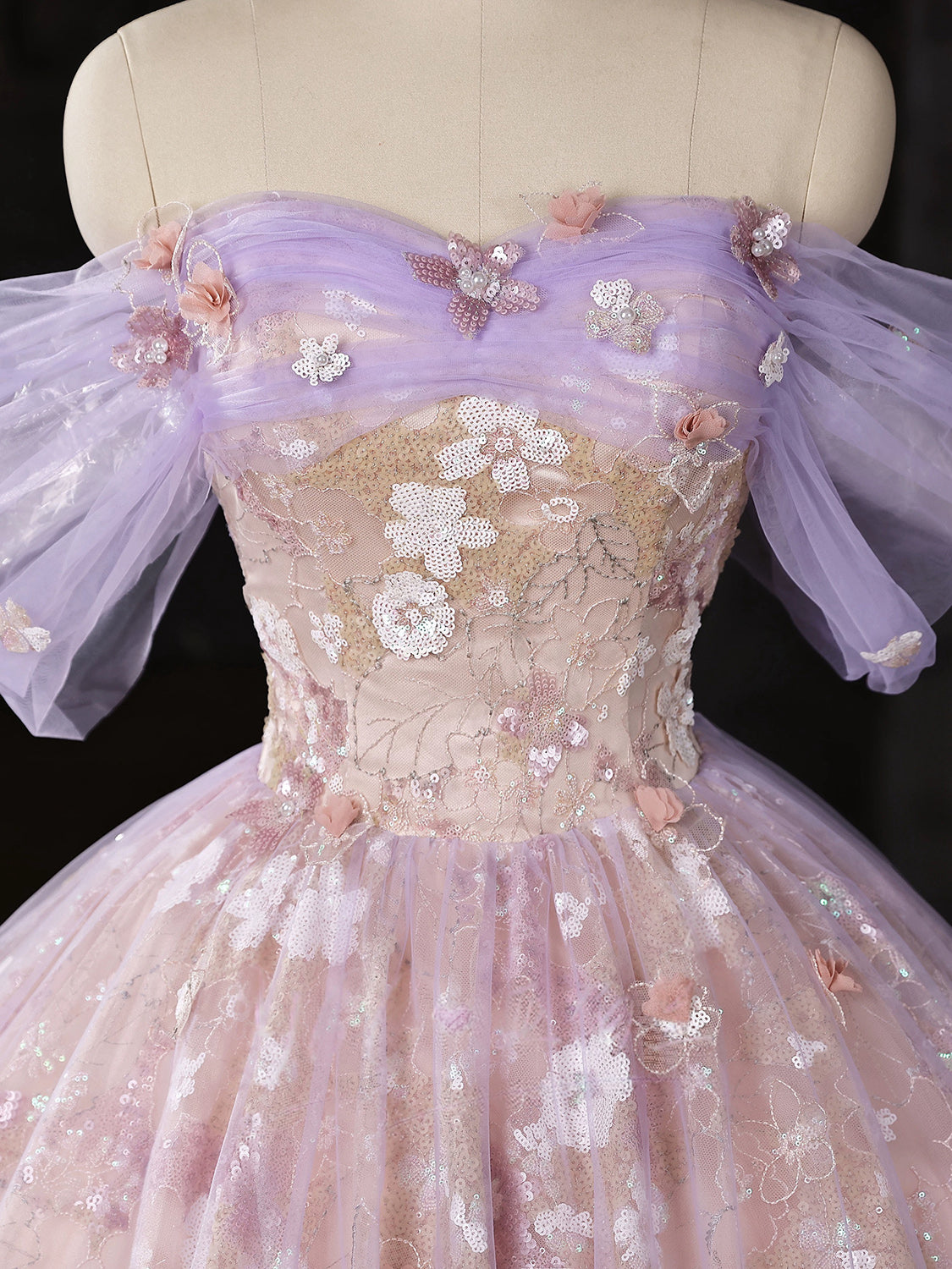 A-Line Sweetheart Off Shoulder Tulle Lace Purple Long Prom Dress