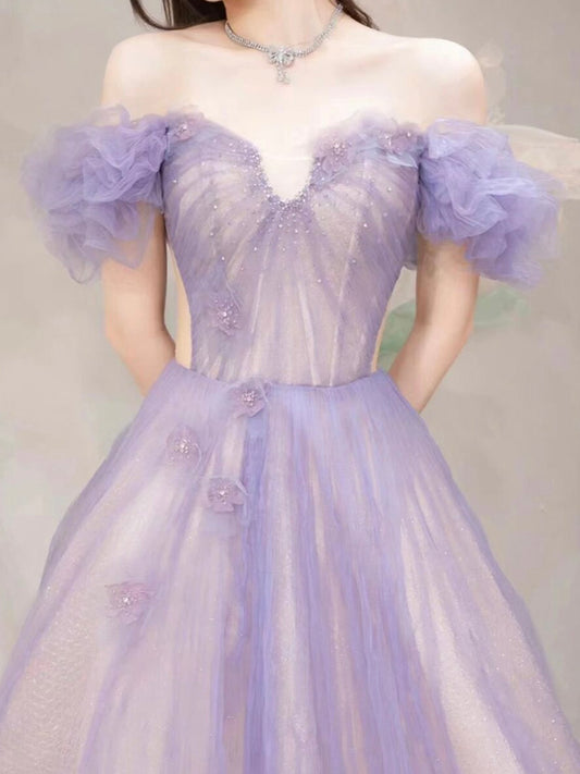 A-Line Off Shoulder Purple Tulle Long Prom Dress, Purple Formal Dress