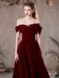 A-Line Off Shoulder Velvet Burgundy Long Prom Dress, Burgundy Long Formal Dress