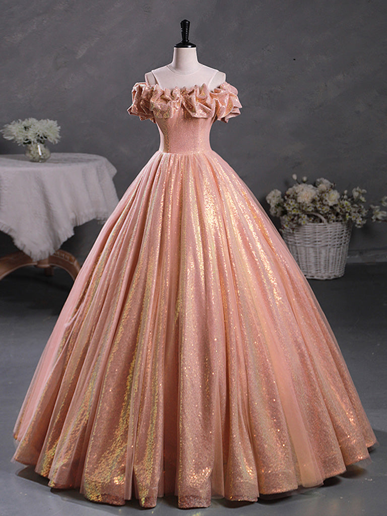 A-Line Off Shoulder Sequin Orange Pink Long Prom Dress, Sequin Evening Dress