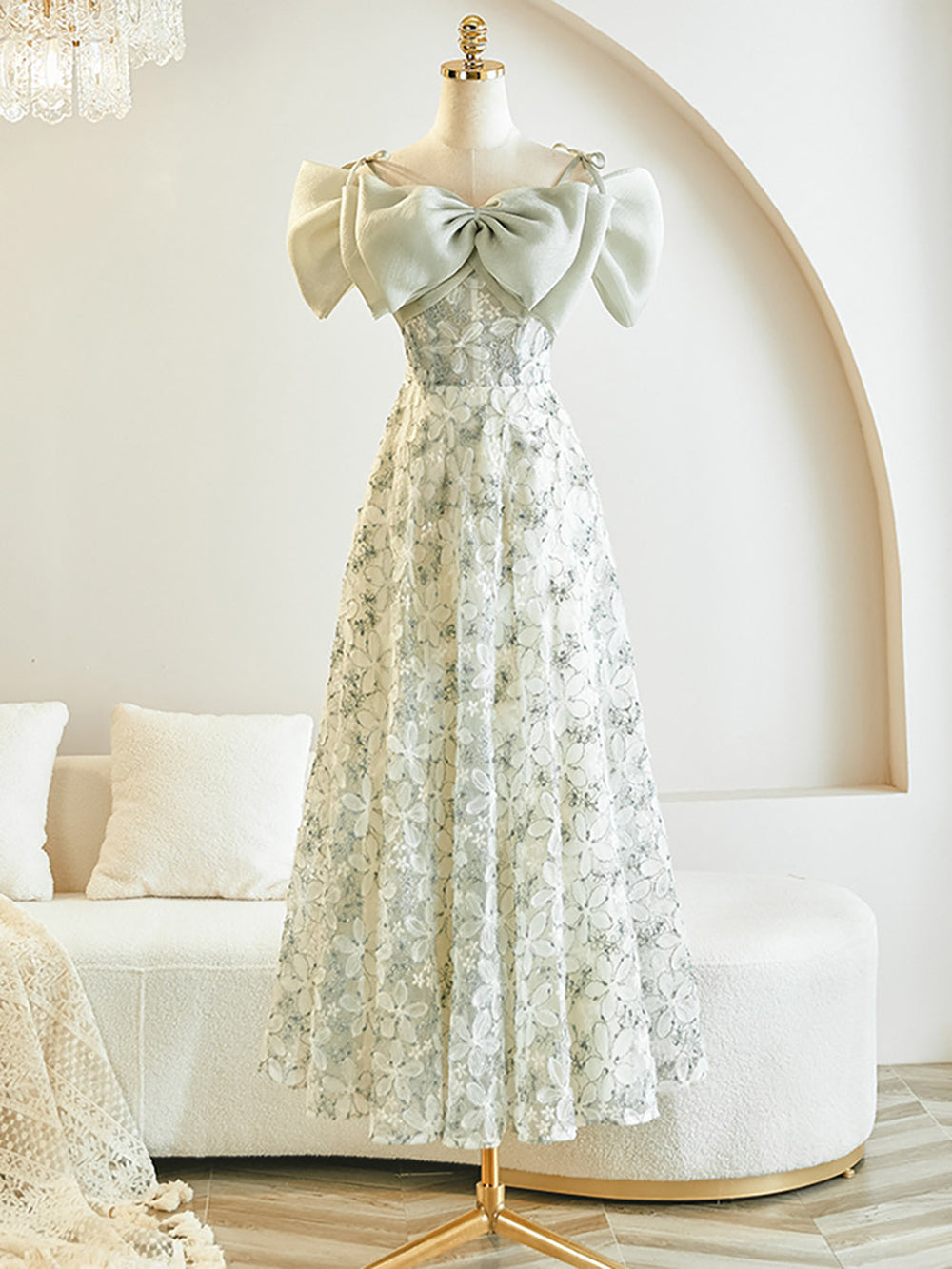 Green A-Line Lace Tea Length Prom Dress, Light Green Formal Dress Green A-Line Lace Tea Length Prom Dress, Light Green Formal Dress