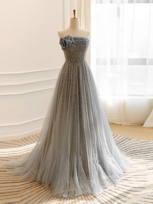 A-Line Gray Tulle Sequin Long Prom Dress, Gray Long Formal Dress