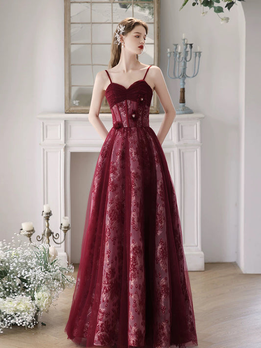 A-Line Sweetheart Neck Tulle Lace Burgundy Long Prom Dress, Burgundy Long Formal Dress