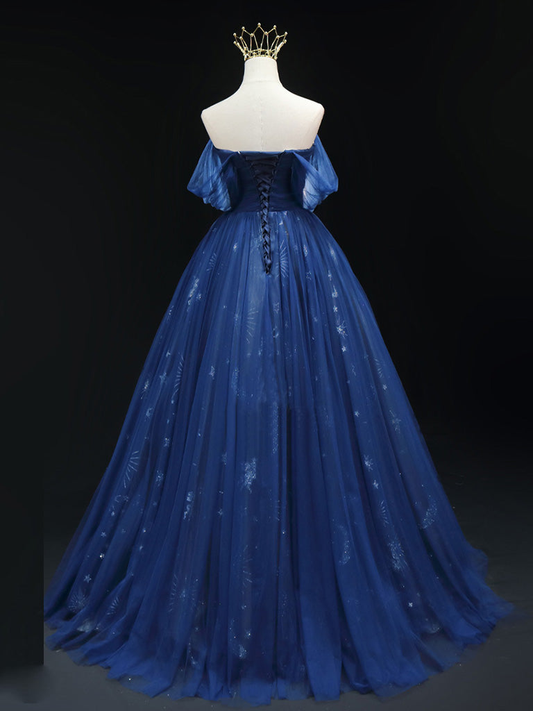 A-Line Off Shoulder Tulle Dark Blue Long Prom Dress, Blue Tulle Formal Dress