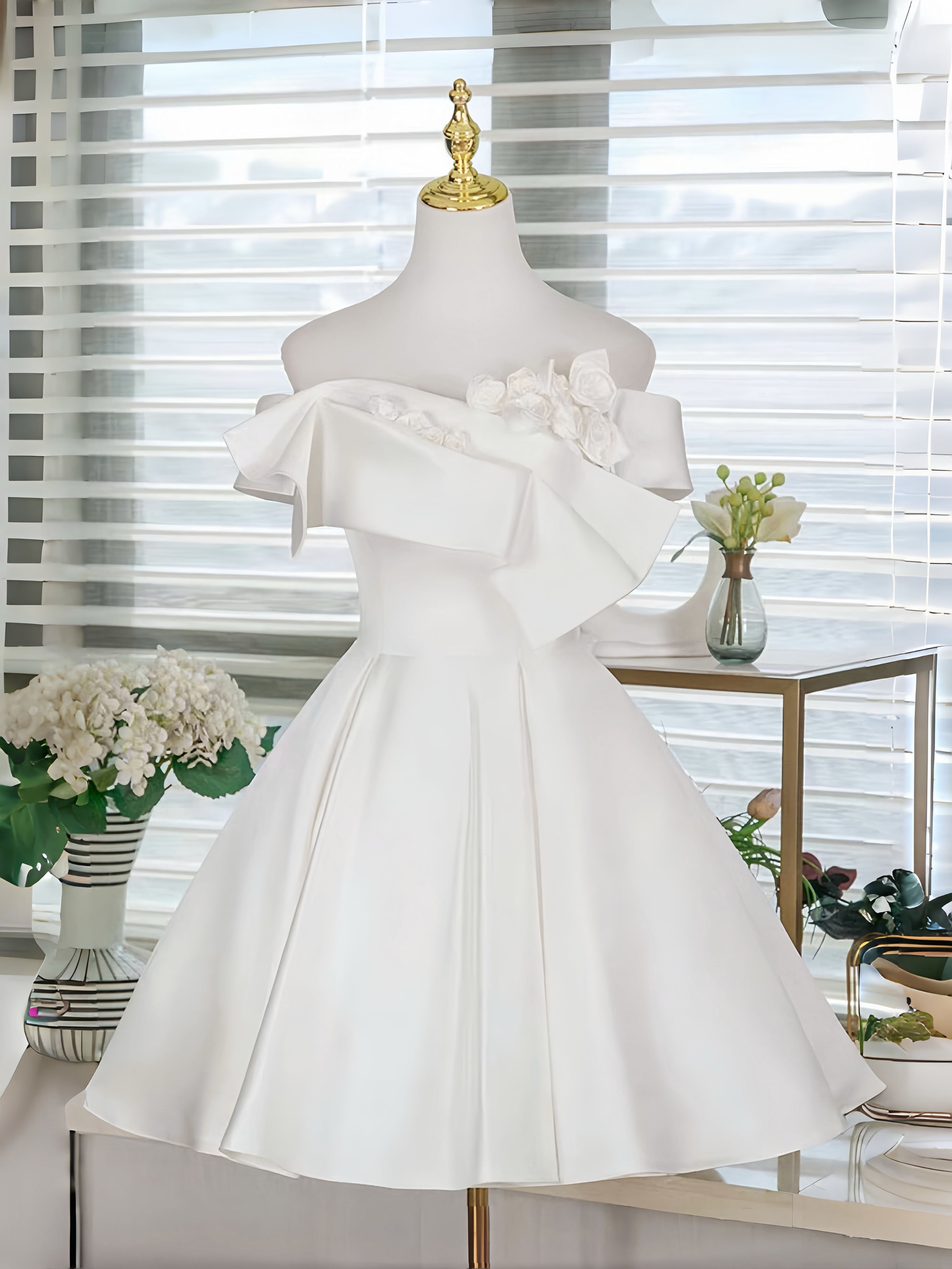 A-Line Satin White Short Prom Dress, White Homecoming Dress