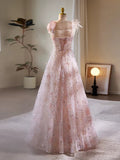 A-Line Tulle Lace Pink Long Prom Dress, Pink Long Evening Dress