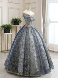 A-Line Round Neck Tulle Sequin Lace Blue Long Prom Dress, Blue Long Formal Dress