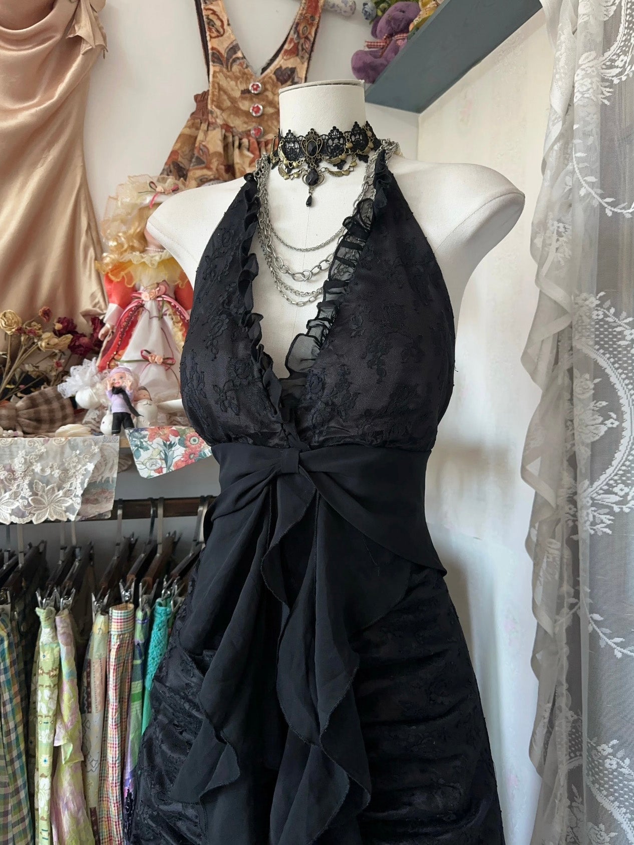 Mermaid V Neck Chiffon Lace Black Long Prom Dress, Black Formal Dress