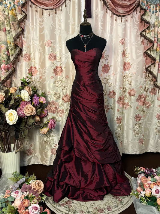 A-Line Sweetheart Taffeta Burgundy Long Prom Dress, Burgundy Formal Dress